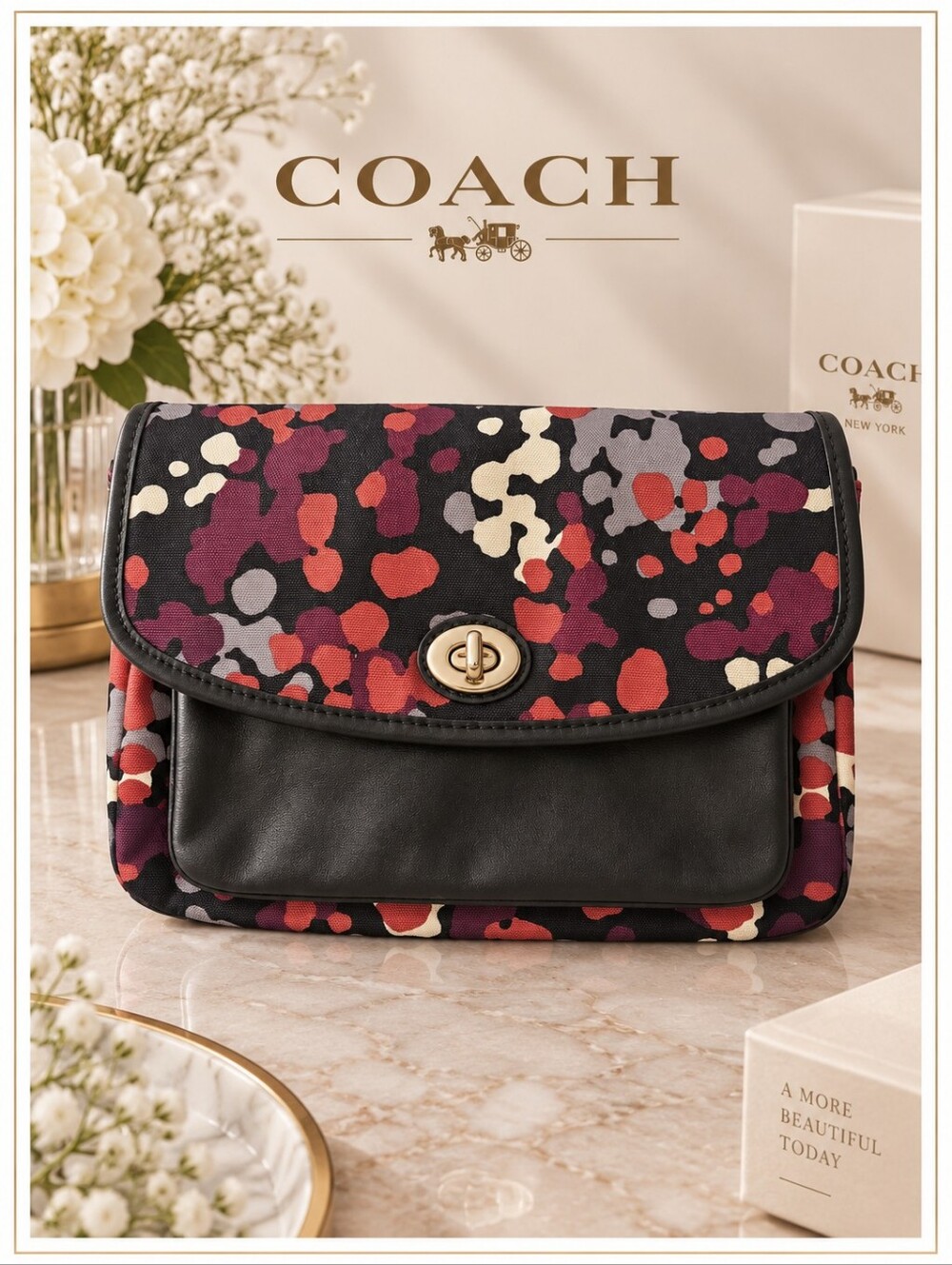 COACH Multicolor Printed Crossbody Bag with Black Trim COA MSRP $299